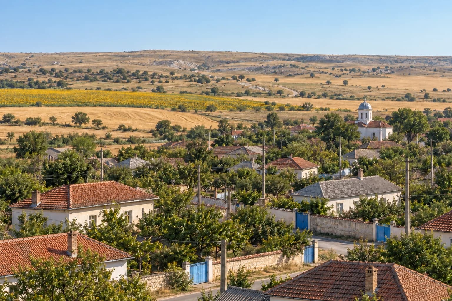 Concept view of a Dobrogea village and open farmland without solar panels, batteries or wind turbines.